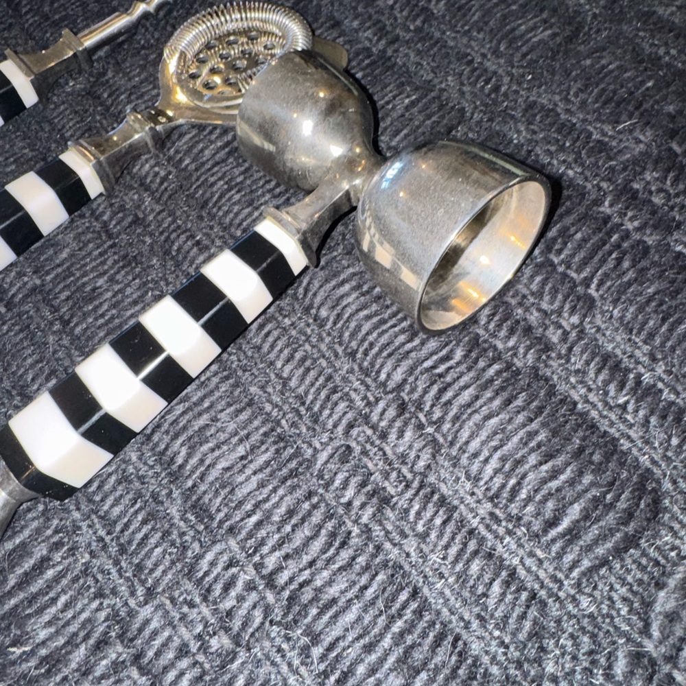 McKenzie Childs Courtley Check Bar Tool Set of 3 Black & Ivory Stainless Steel - Picture 3 of 8